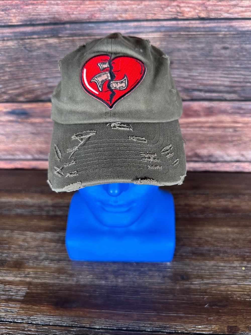 SBL Headwear 
Olive Distressed Dad hat with Red Broken Heart Patch